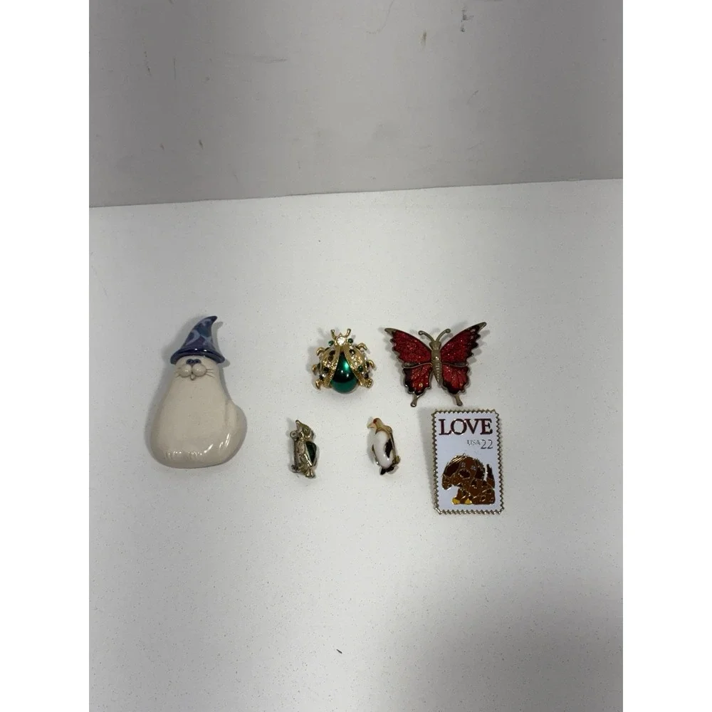 Vintage Brooch Pin Lot 6 Bug Green Cat Owl Penguin Butterfly Rhinestones Animals